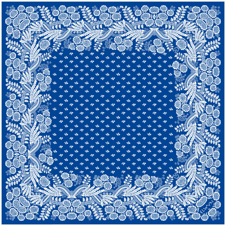Full size illustration of a bespoke Elwyn New York bandana with an ornate, blue and white, vintage-pastoral bandana design. Classic, feminine, and romantic.
