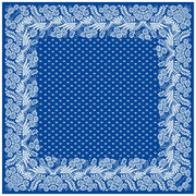 Full size illustration of a personalized bespoke Elwyn New York Scarf with an ornate, blue and white, vintage-pastoral bandana design. Classic, feminine, and romantic with an example pf customer's initials on it