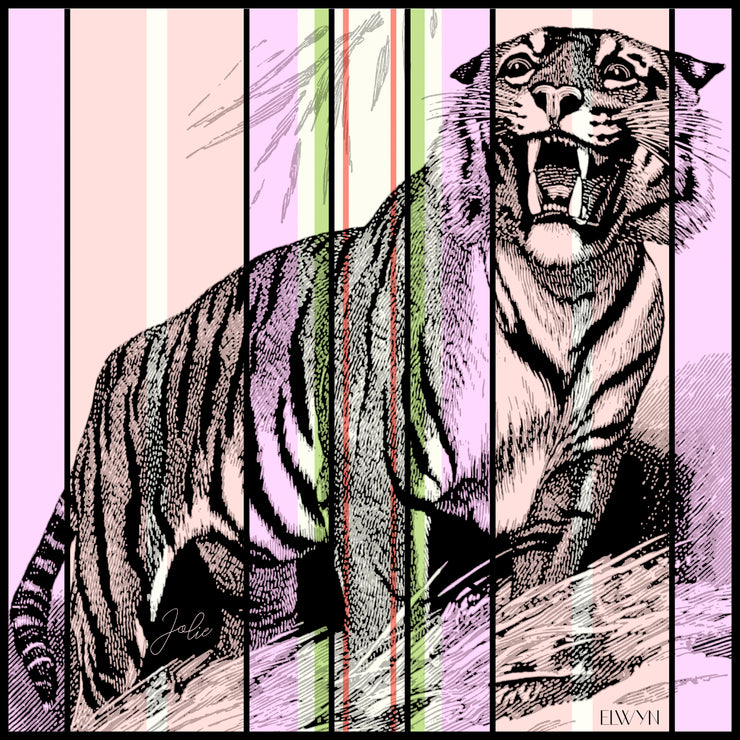 full size illustration of a personalized, luxury, bespoke Elwyn New York silk scarf with a fierce tiger and pastel lavender, peach, green, black stripe print 