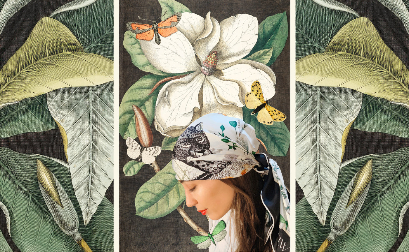 Italian silk scarf tied in hair, butterfly and leopard print with botanical illustrations