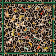 the artwork for an Italian silk scarf featuring a Leopard fur print, adorned with multicolored entomological moths, butterflies, beetles, and dragonflies and framed by a rope ribbon border.  Imagined to be a sleeping Leopard, where butterflies and the such come to land and rest on her back in a daydream... Silk Bandana size 