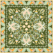 This bespoke, designer silk Scarf is Art Nouveau inspired featuring a kaleidoscope of fantastical flowers, butterflies and cockatoos rising from the curling foliage. This bespoke, designer silk Scarf is Art Nouveau inspired featuring a kaleidoscope of fantastical flowers, butterflies and cockatoos rising from the curling foliage. 