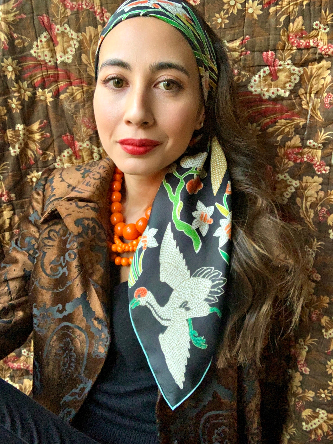 Elwyn New York Beaded Crane Scarf | Hand sewn designer silk