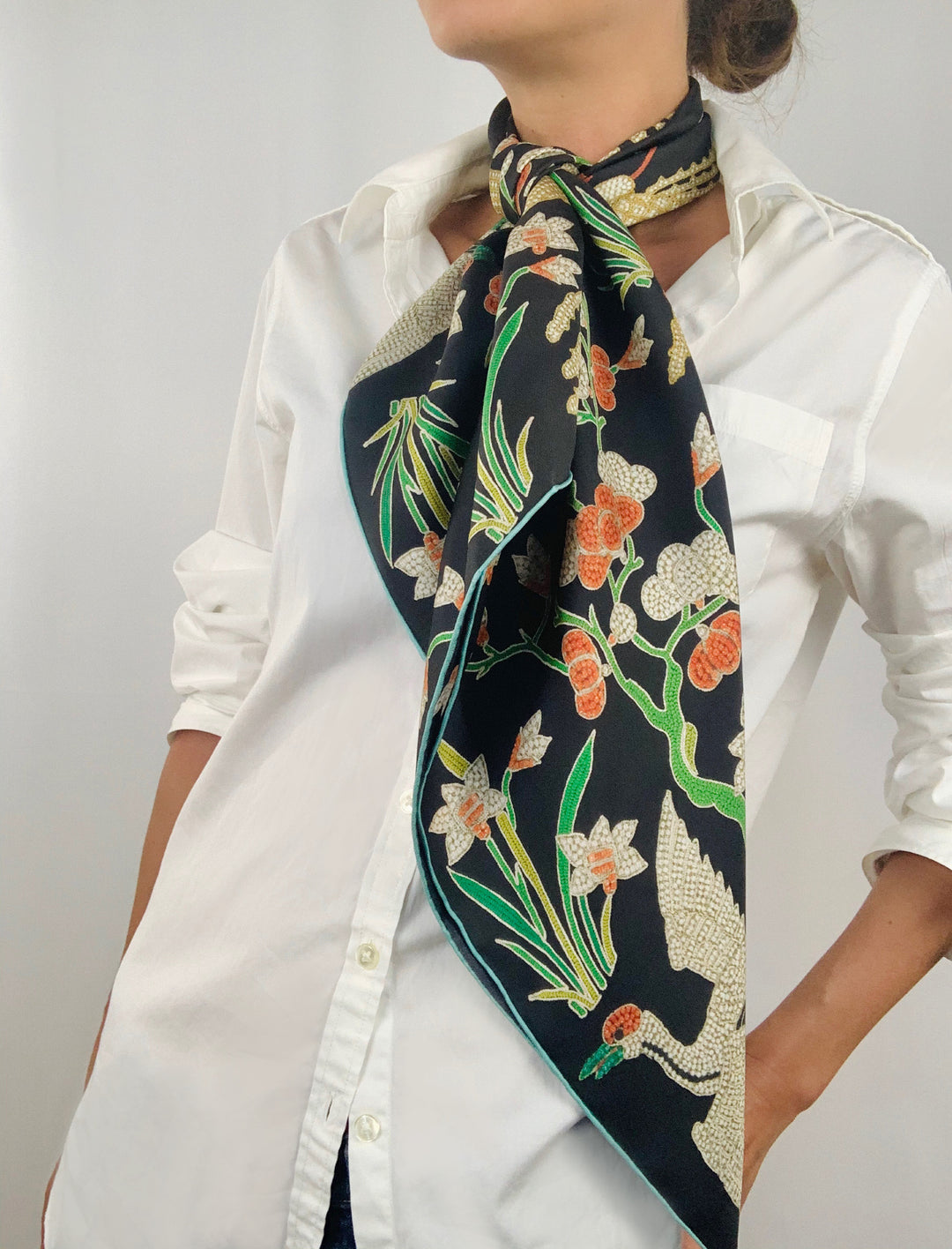 Elwyn New York Beaded Crane Scarf | Hand sewn designer silk