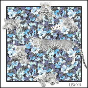 full size illustration of luxury, bespoke Elwyn New York silk bandana with vintage style print of a bluish floral field and modern lazing leopards