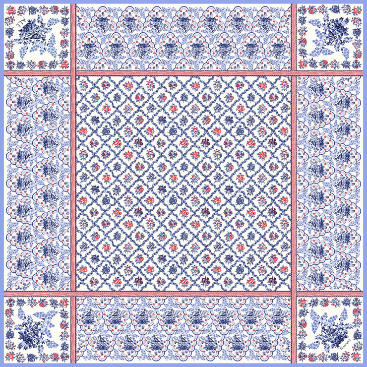 The main pattern is made up of a red, white and blue diamond lattice of curving ribbons, enclosing sprays of flowers and is surrounded by an eyelet lace border, adorned with charming little birds.