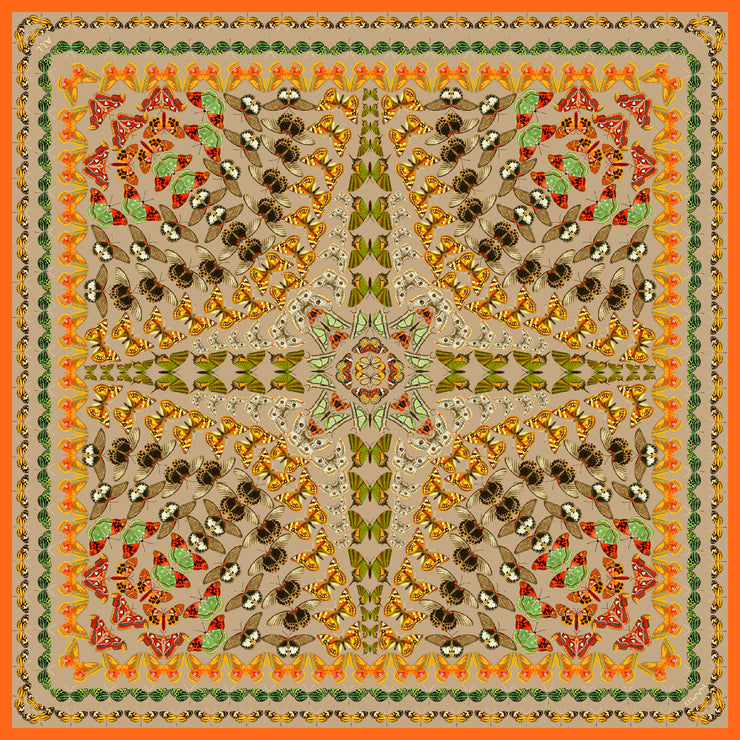 An Italian silk scarf with a Geometric Design, mixing earth tones and pops of brightly colored etymological butterflies.