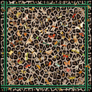 the artwork for an Italian silk scarf featuring a Leopard fur print, adorned with multicolored entomological moths, butterflies, beetles, and dragonflies and framed by a rope ribbon border.  Imagined to be a sleeping Leopard, where butterflies and the such come to land and rest on her back in a daydream... 