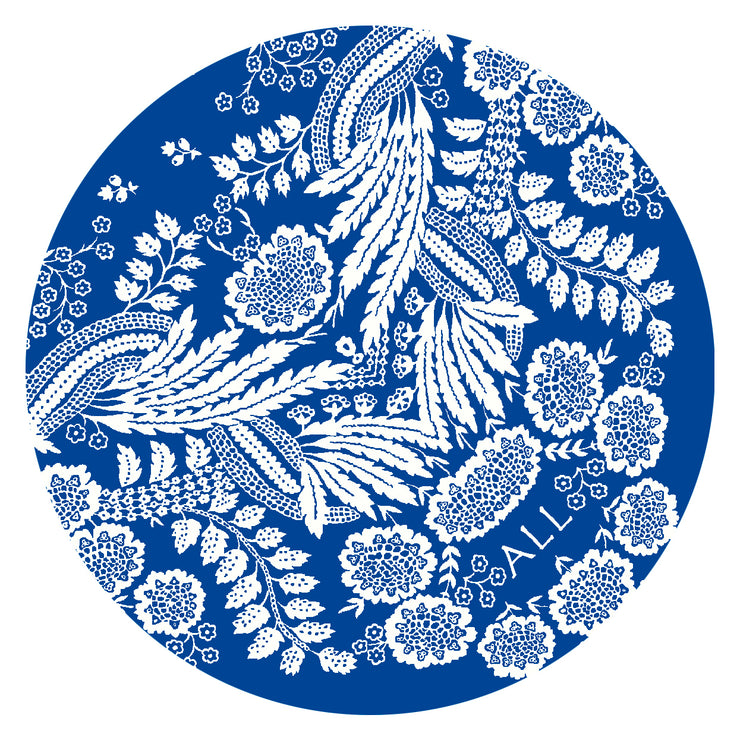 round illustration of a personalized bespoke Elwyn New York Scarf with an ornate, blue and white, vintage-pastoral bandana design. Classic, feminine, and romantic with an example pf customer's initials on it