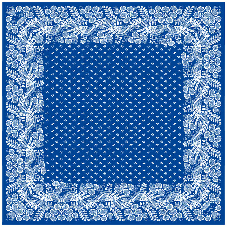 Full size illustration of a personalized bespoke Elwyn New York Scarf with an ornate, blue and white, vintage-pastoral bandana design. Classic, feminine, and romantic with an example pf customer's initials on it