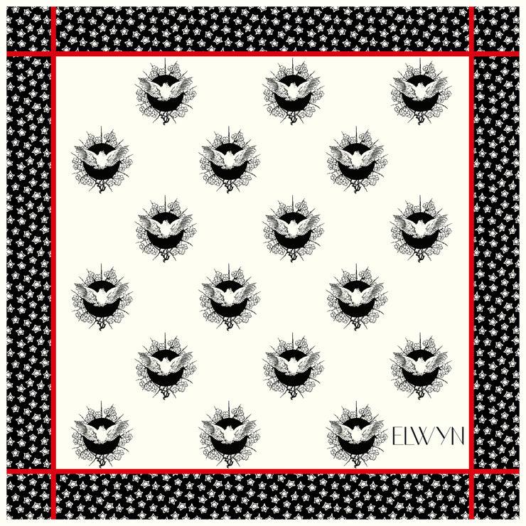 full size illustration of a luxury, bespoke Elwyn New York silk bandana with black and white, whimsical, polka dot, bird and stars, storybook print