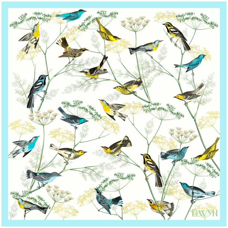 Full size illustration of a bespoke Elwyn New York silk bandana with a Charming blue and yellow warbler birds, flying and perched amidst delicate wild flowers. Inspired by nature found in the North East.