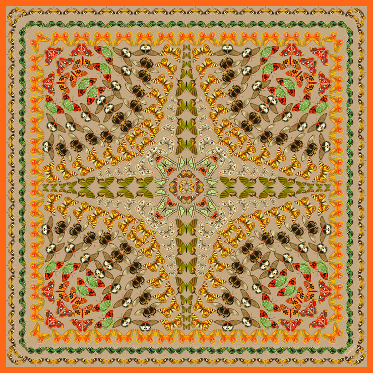 An Italian silk bandana featuring a Geometric Design, mixing earth tones and pops of brightly colored etymological butterflies.