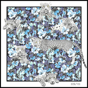 full size illustration of luxury, bespoke Elwyn New York silk scarf with vintage style print of a bluish floral field and modern lazing leopards