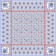 This bespoke, luxury Italian silk scarf is inspired by the lighthearted prints of the 18th Century.  The main pattern is made up of a red, white and blue diamond lattice of curving ribbons, enclosing sprays of flowers and is surrounded by an eyelet lace border, adorned with charming little birds. The ultimate feminine design.