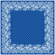 Full size illustration of a bespoke Elwyn New York Scarf with an ornate, blue and white, vintage-pastoral bandana design.  Classic, feminine, and romantic. 